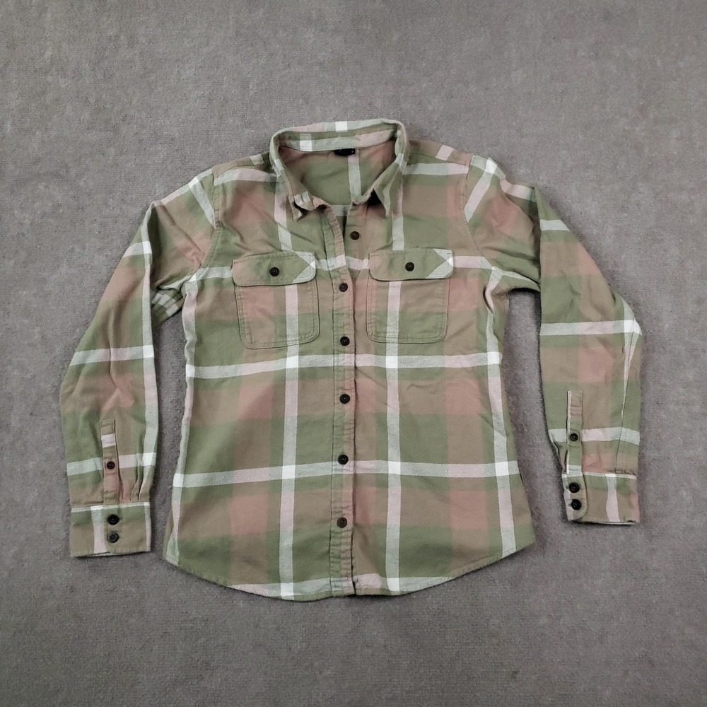 Patagonia Shirt Womens Medium Green Pink Plaid Organic Cotton Long Sleeve
